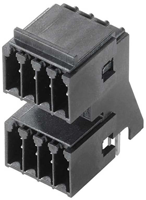 Ein schwarzer, rechteckiger, doppelstöckiger Steckverbinder mit mehreren Anschlussöffnungen, geeignet für elektronische Geräte.