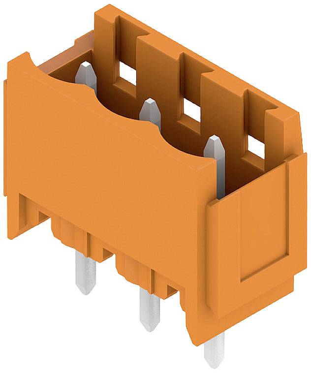 Ein orangefarbener elektrischer Steckverbinder mit drei Metallstiften an der Unterseite, geeignet für Leiterplattenmontage.