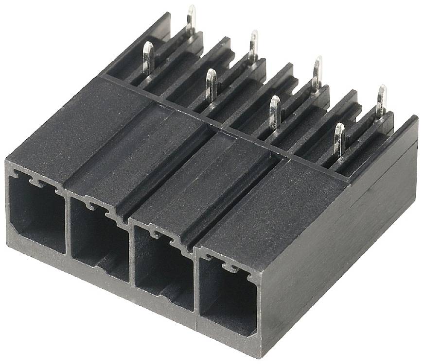 Ein schwarzer elektrischer Stecker mit vier rechteckigen Buchsen und metallischen Stiften, möglicherweise ein Computeranschluss.