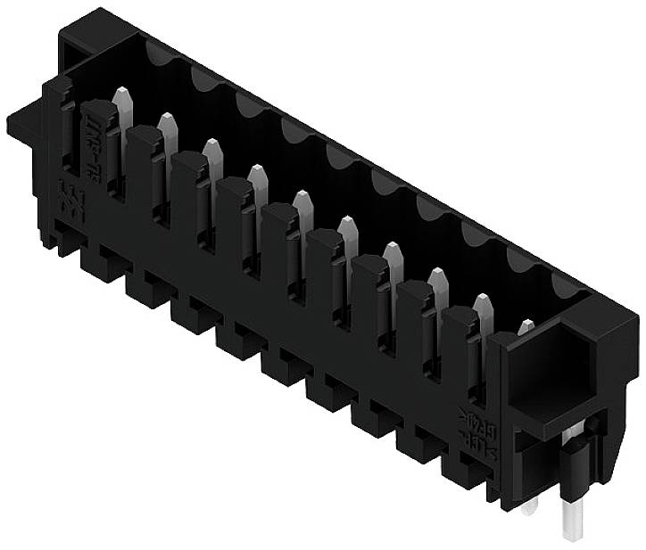 Elektrischer Steckverbinder mit mehreren Pins, schwarz, rechteckige Form. Verwendet zur Verbindung von Leiterplatten in elektronischen Geräten.