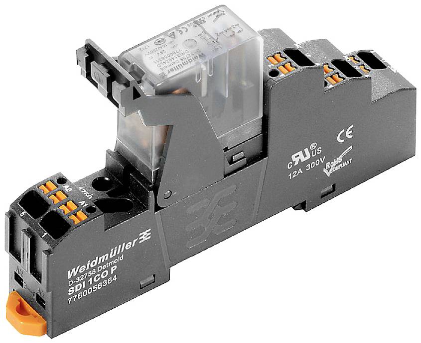 Ein Relaismodul von Weidmüller mit CE-Kennzeichnung und technischer Spezifikationen. Geeignet für industriellen Einsatz.