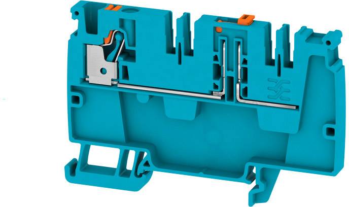 Eine blaue Klemmenleiste zur Montage auf einer Hutschiene, mit Metallkontakten und orangefarbenen Hebeln zur elektrischen Verbindung.