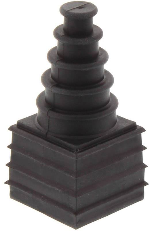 Schwarze Kunststoffkappe in stufenartiger Form, möglicherweise eine Abdeckung oder Schutzkappe für technische Geräte oder Anschlüsse.
