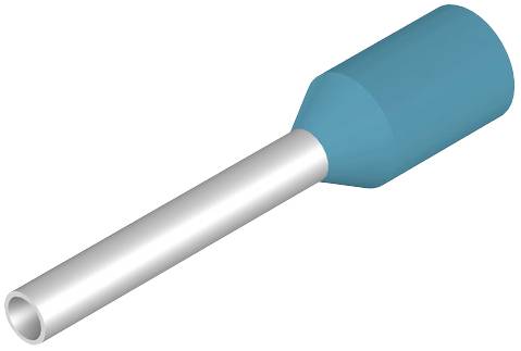 Abgebildet ist eine isolierte Aderendhülse mit blauem Kunststoffmantel und silbernem Metallrohr.