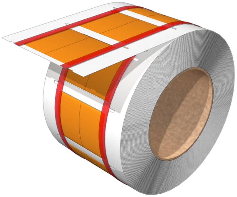 Rolle mit buntem Etikettenband in Orange und Rot, teilweise abgewickelt, auf einem Kern. Geeignet für Industrie-Etikettierung.