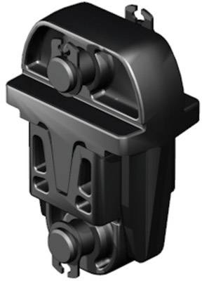 Ein schwarzes, industrielles Maschinenteil mit mehreren Steckverbindungen und Befestigungselementen.
