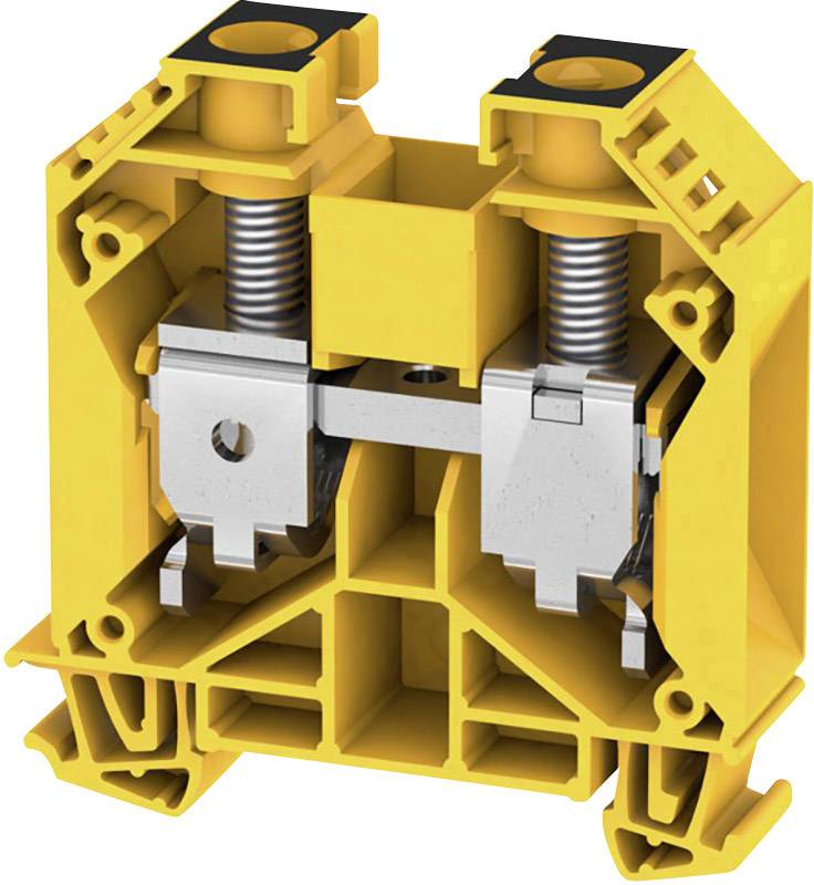 Gelber elektrischer Klemmenblock mit zwei parallelen Metallschrauben für die Verbindung und Sicherung von Kabeln in elektrischen Schaltschränken.