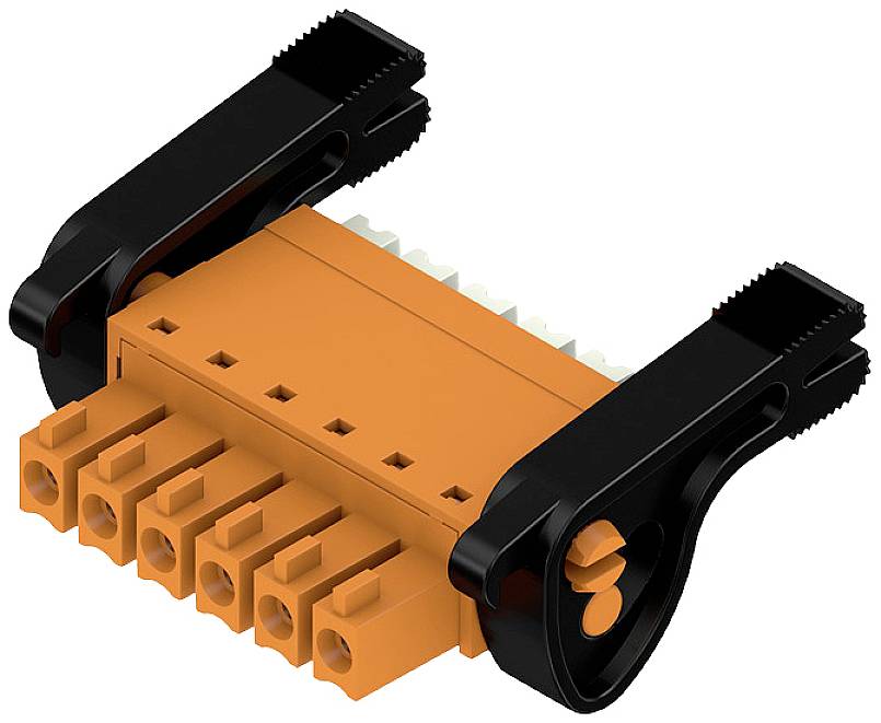 Ein orangefarbener Steckverbinder mit sechs Anschlüssen und schwarzen Befestigungsklammern zur Sicherung elektrischer Verbindungen.