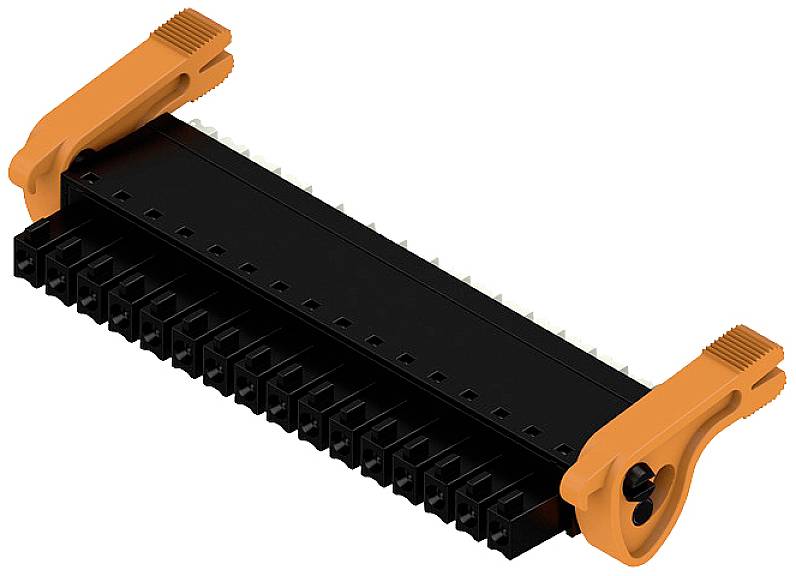 Elektrischer Steckverbinder mit schwarzer Basis und orangefarbenen Hebelgriffen, geeignet für industrielle Anwendungen.