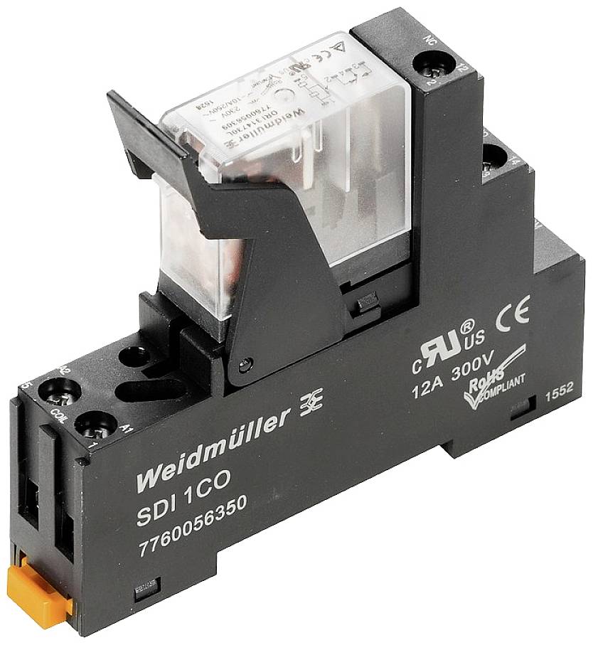 Relaismodul von Weidmüller, Modell SDI1CO, 12A, 300V. Markierungen für CE, RoHS. Schwarzes Gehäuse mit transparenter Abdeckung.