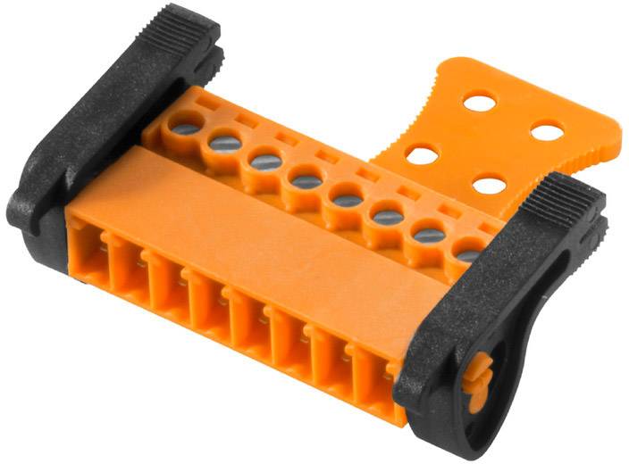 Ein orangefarbener Steckverbinder mit schwarzen Klammern auf beiden Seiten.