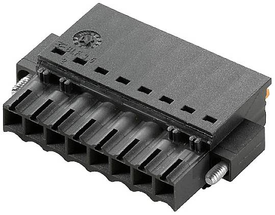 Ein schwarzer elektrischer Steckverbinder mit mehreren Anschlussklemmen und zwei seitlichen Schrauben für die Montage.