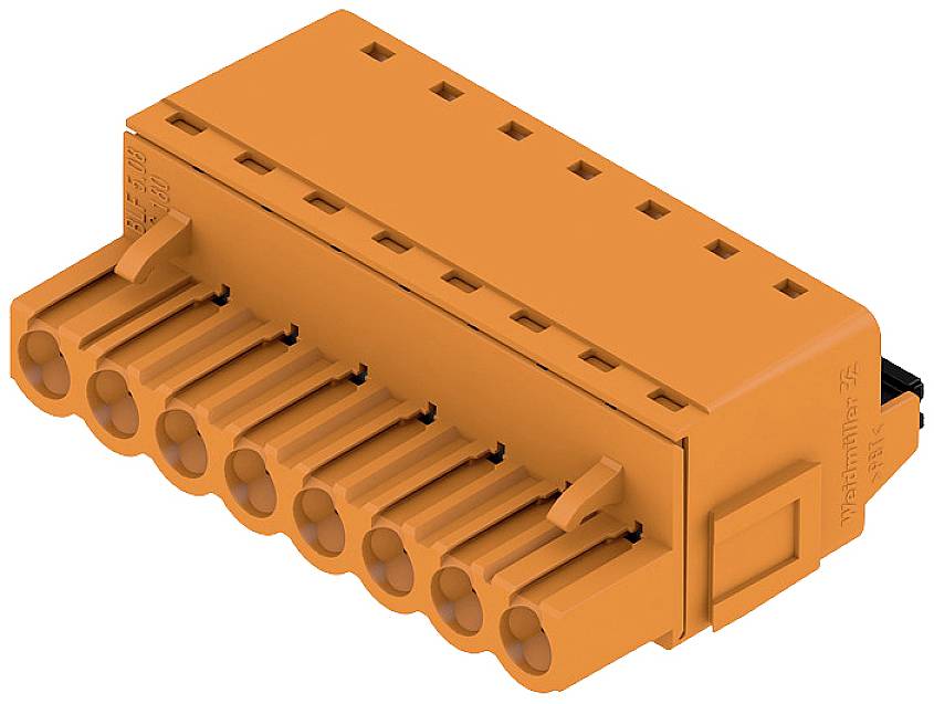 Oranger Steckverbinder mit sieben Anschlussöffnungen, geeignet für elektrische Verbindungen und Anwendungen in der Elektronik.
