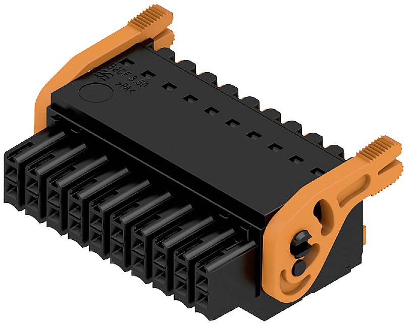 Ein schwarzer Steckverbinder mit orangenen Clips zur Fixierung von Kabeln, geeignet für industrielle Anwendungen in der Elektrotechnik.