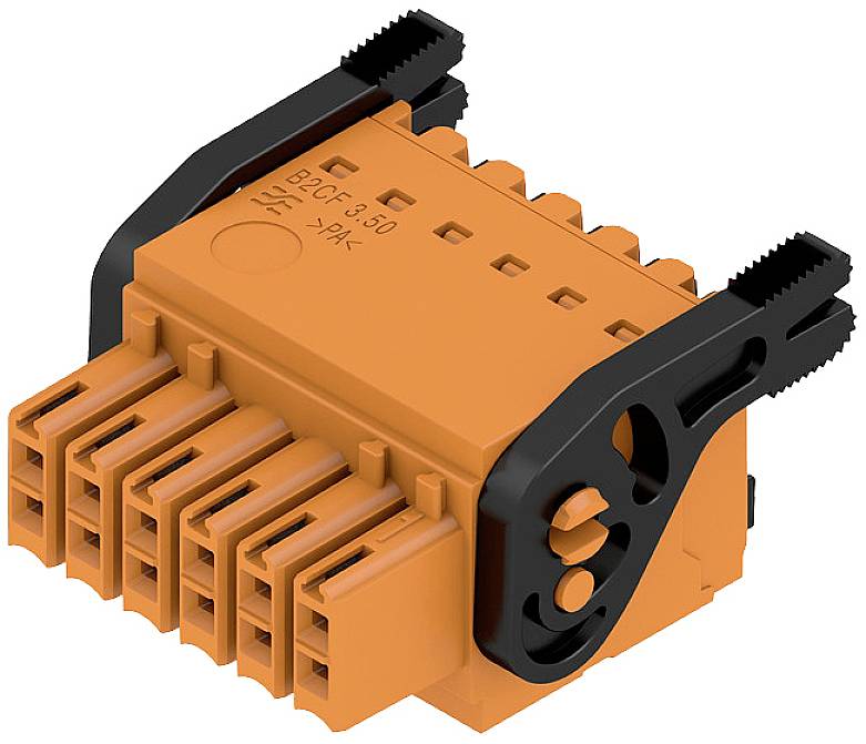 Ein orangefarbener elektrischer Steckverbinder mit schwarzen Halterungen, zeigt sechs Steckplätze und erhabene Markierungen oben.
