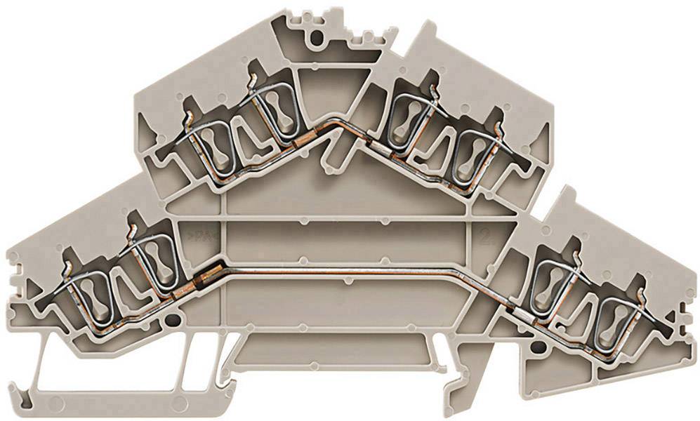 Querschnitt einer elektrischen Anschlussklemme mit sichtbaren Metallverbindungen und Isolierungsmaterial. Zeigt interne Struktur.