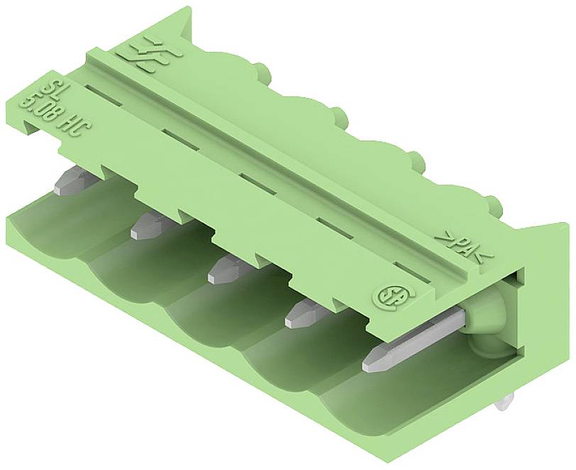 Grüner Steckverbinder mit fünf Silberkontakten, beschriftet mit 'SL 5/08 HC'; wird für elektrische Verbindungen genutzt.