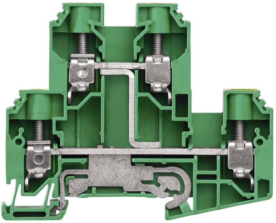 Grüner Klemmenblock aus Kunstoff mit metallischen Verbindungsstücken. Zeigt interne Komponenten und Struktur eines elektrischen Anschlusses.