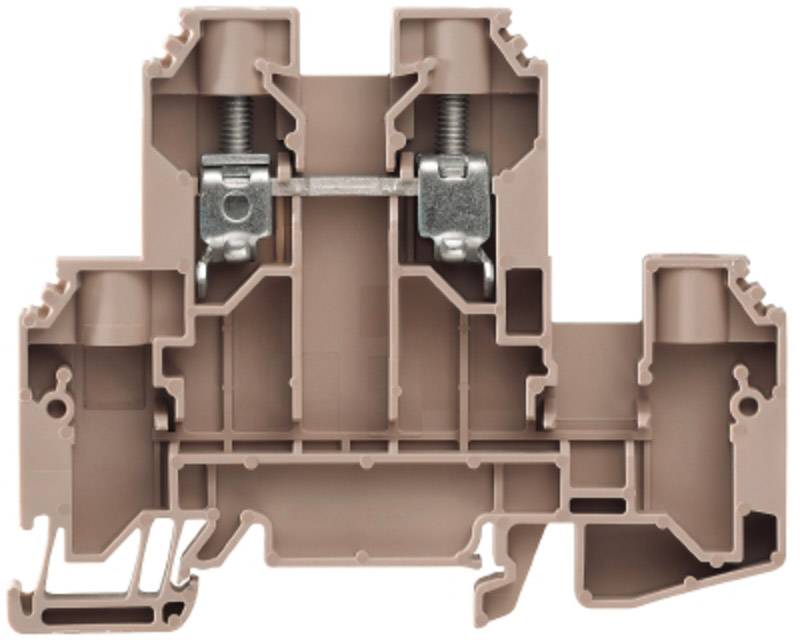 Ein brauner elektrischer Reihenklemmblock mit Schraubanschluss oben, zur Befestigung von Leitungen an einer DIN-Schiene.