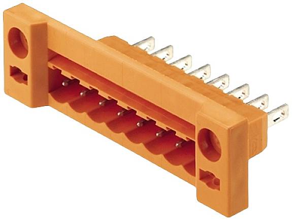 Orangefarbener Steckverbinder mit mehreren Metallstiften für elektronische Verbindungen, seitlich betrachtet.