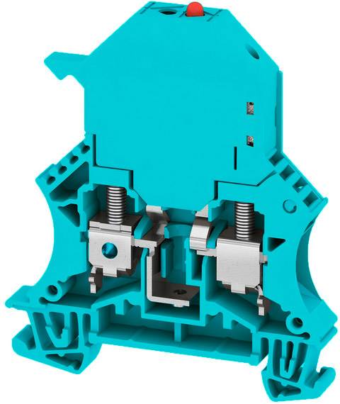 Ein türkisfarbener elektrischer Klemmenblock mit mechanischen Teilen und Schrauben angebracht, verwendet zur Drahtverbindung.