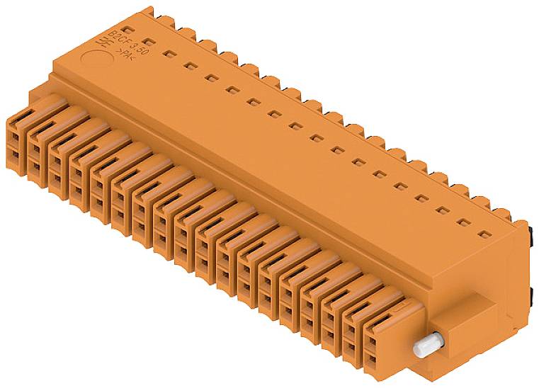 Oranger Steckverbinder mit mehreren Anschlussmöglichkeiten, rechteckige Form, seitlich kleiner weißer Hebel.
