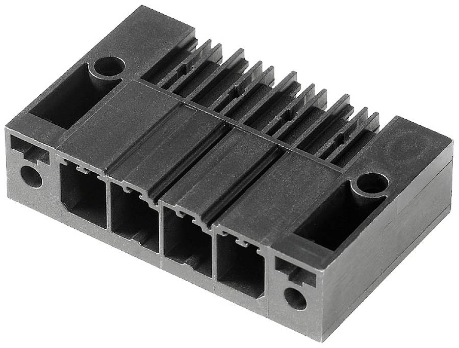 Ein schwarzer Kunststoffstecker mit vier rechteckigen Steckplätzen und symmetrischen Löchern an den Ecken, Draufsicht.