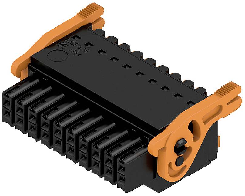 Schwarzer elektrischer Steckverbinder mit orangefarbenen Clips, geeignet für den industriellen Einsatz.