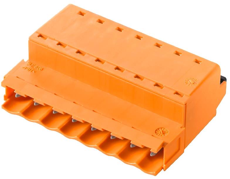 Eine orangefarbene elektrische Steckverbindung mit mehreren Anschlüssen, die für die Verwendung in elektrischen Schaltungen geeignet ist.