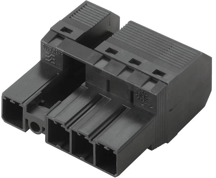 Schwarzer elektrischer Steckverbinder mit drei Steckplätzen, rechteckige Form, seitliche Rippenstruktur und Markenlogo.