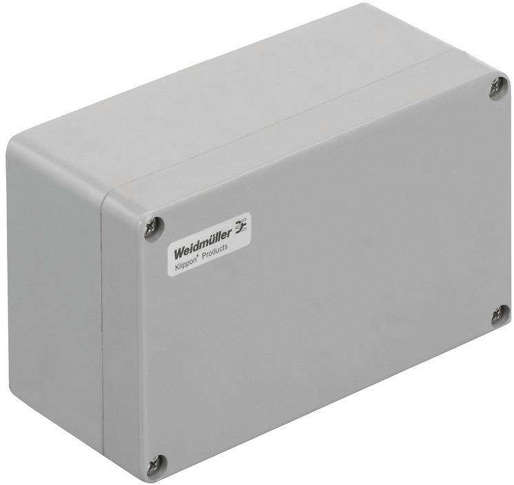 Graues rechteckiges Gehäuse von Weidmüller mit der Aufschrift 'Klippon Products', befestigt mit vier Schrauben an den Ecken.