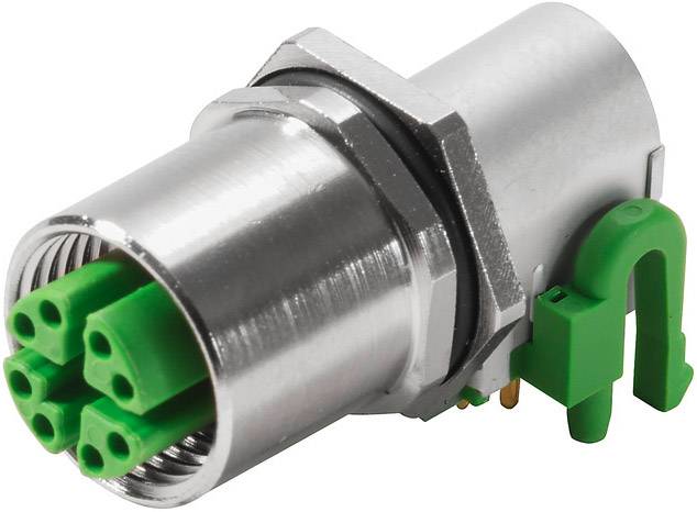 Metallischer Steckverbinder mit grünem Kunststoffelement, geeignet für industrielle Anwendungen und robuste Verkabelungssysteme.