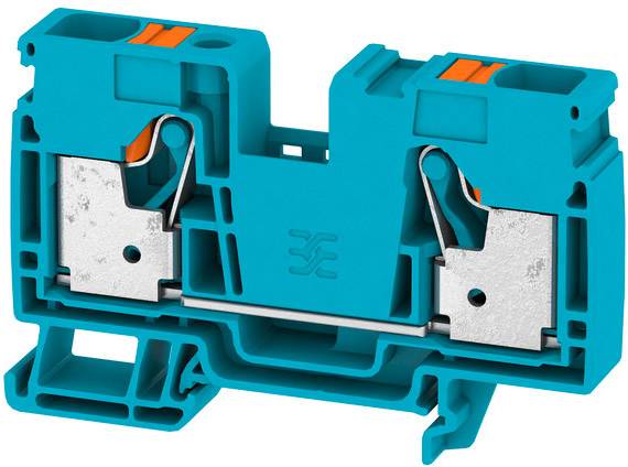 Blauer elektrischer Anschlussklemmenblock mit Metallkontakten und orangenen Hebeln zur Verdrahtung, vor weißem Hintergrund.