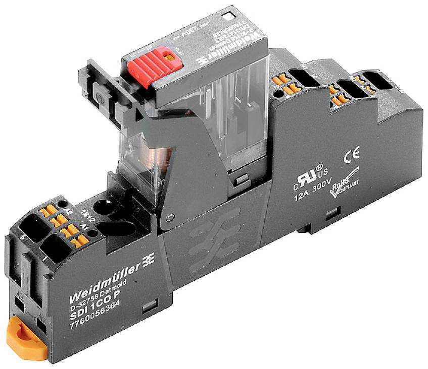 Ein schwarzes Elektromechanisches Relais von Weidmüller mit orangenen Anschlüssen und einem transparenten Kunststoffgehäuse oben.