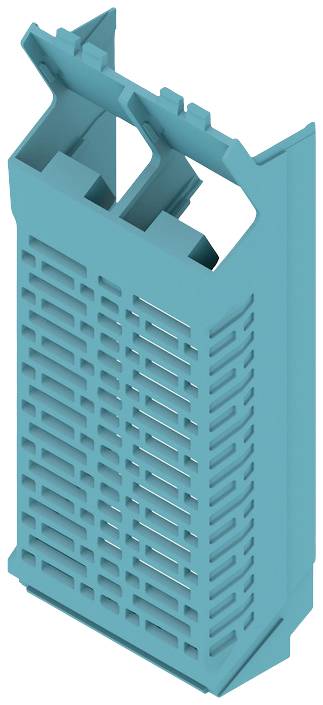 Ein blaues Kunststoffgehäuse mit Lüftungsschlitzen, vermutlich für elektronische Bauteile. Es hat ein rechteckiges Format.