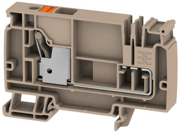 Ein grauer elektrischer Klemmblock mit Metallkomponenten und einem orangefarbenen Hebel oben.