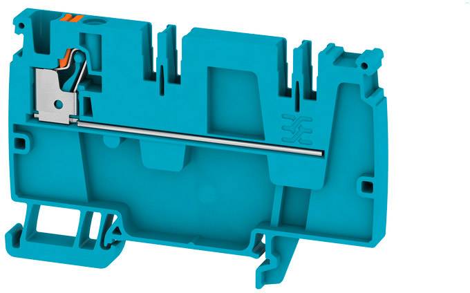 Blauer elektrische Klemmenblock aus Kunststoff mit integrierter Metallschiene und Anschlussmechanismen, zur Kabelverbindung eingesetzt.