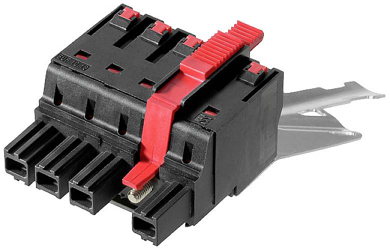 Schwarzer und roter Steckverbinder aus Kunststoff mit mehreren Anschlüssen. Genutzt zur elektrischen Verbindung von Kabeln.
