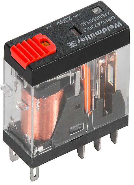 Ein rechteckiges Relais mit transparentem Gehäuse, rotem Schalter und Metallstiften. Aufschrift 'Weidmüller 230V'.