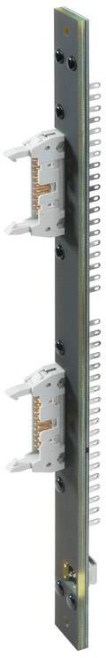 Langes, vertikales elektronisches Bauteil mit zwei weißen Sockeln und mehreren Stiften.