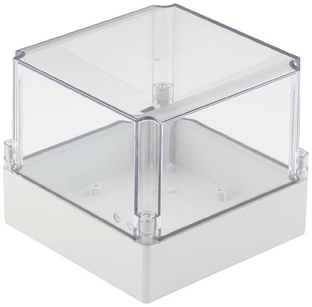 Ein transparenter, quadratischer Schutzkasten aus Kunststoff mit weißem Boden, der zur Abdeckung und Schutz von Geräten dient.