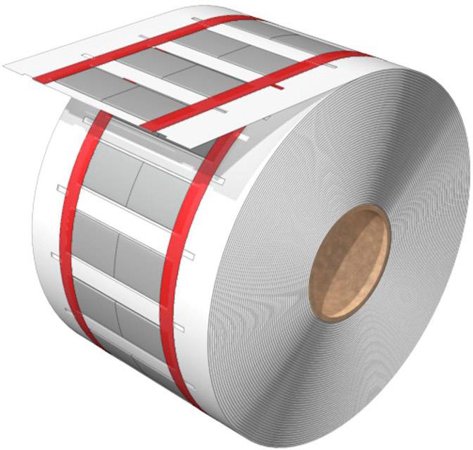 Eine große Rolle mit aufgedruckten, roten Etikettenstreifen, bereit zum Abziehen und Aufkleben.