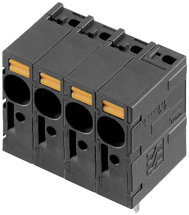 Schwarzer elektrischer Steckverbinder mit vier Anschlüssen und orangefarbenen Clips zur Befestigung von Drähten.