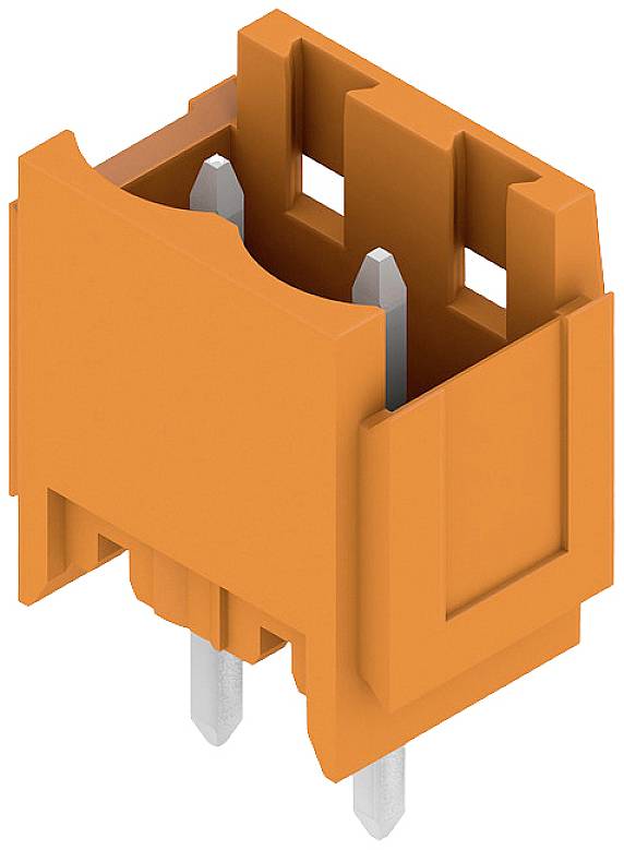 Ein orangefarbener Steckverbinder mit zwei Metallstiften, geeignet für elektronische Verbindungen.
