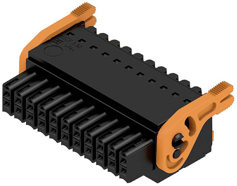 Ein schwarzer elektrischer Steckverbinder mit orangenen Halteclips, geeignet für PCB-Montage. Mehrere Anschlusspunkte sind sichtbar.