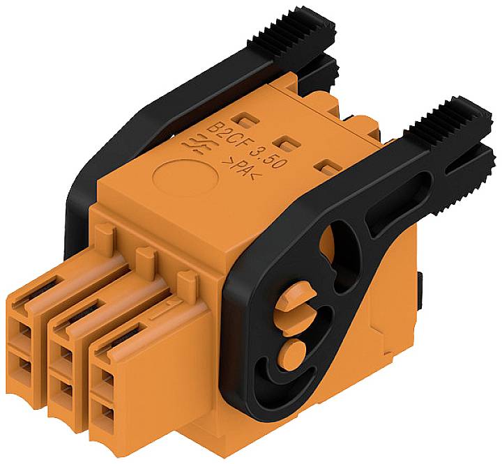 Elektrischer Steckverbinder mit orangefarbenem Gehäuse und schwarzen Seitenklemmen, abgebildet in einer dreidimensionalen Ansicht.