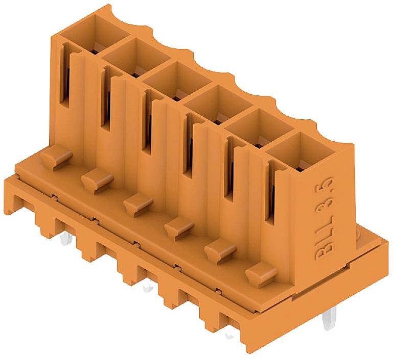 Orangene Anschlussklemme mit fünf Eingängen und Markierung 'BLL 3.5' seitlich. Sie ist für die Verbindung elektrischer Leitungen vorgesehen.