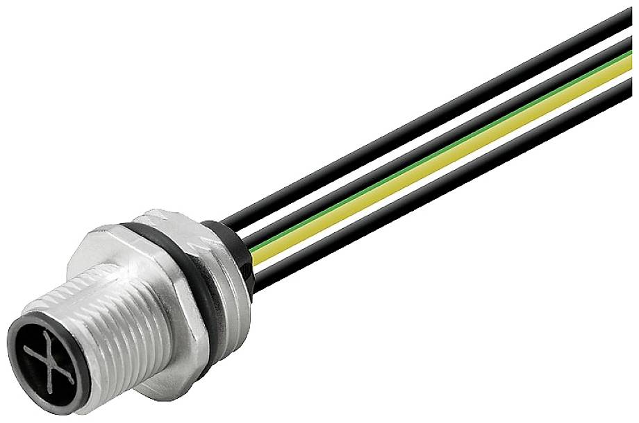 Ein metallischer M12-Steckverbinder mit fünf Leitungen in Schwarz, Grün-Gelb und Weiß. Geeignet für industrielle Anwendungen.