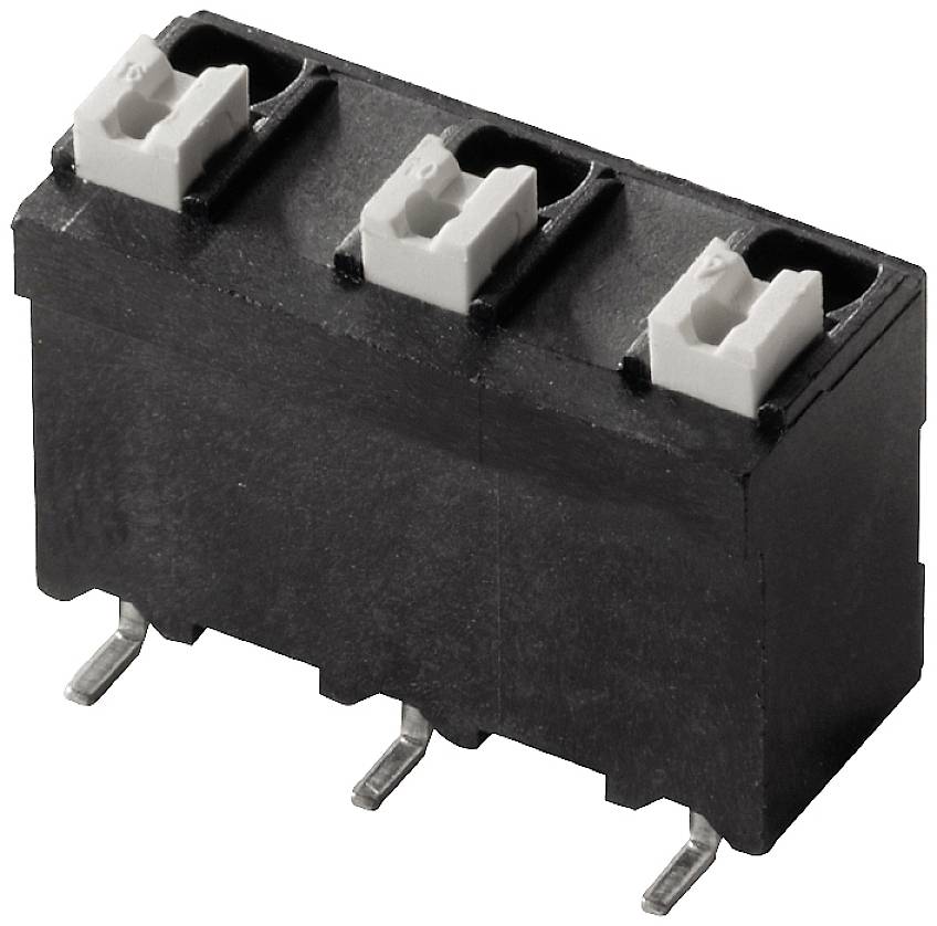 Ein schwarzes, rechteckiges, dreipoliges elektrisches Steckverbindungselement mit drei silbernen Metalleinführzungen.