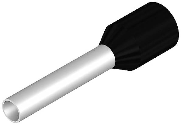 Eine schwarze Aderendhülse mit einem silbernen Metallrohr, verwendet zur Verbindung von Kabeln in elektrischen Anschlüssen.